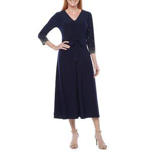 Woman PLUS MSK Navy Beaded Fit & Flare Stretch V-neck Dress midi dress 1X MSK